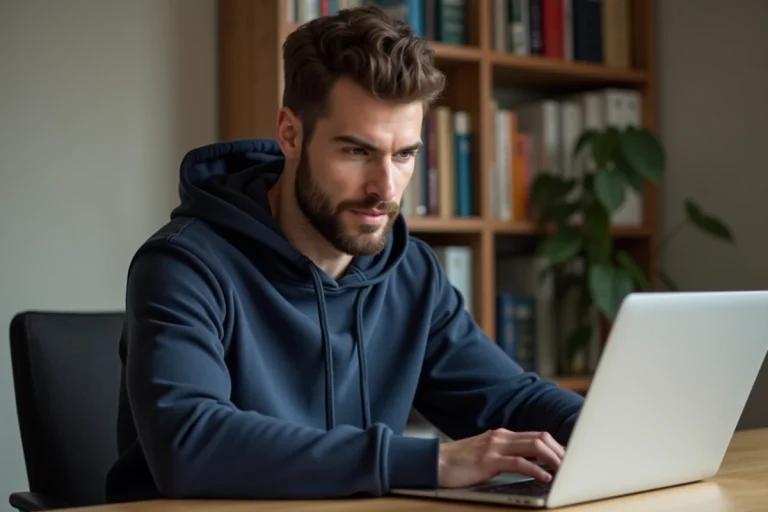 Homme cherchant comment accéder à un site après un changement d'adresse en 2026 sur son ordinateur portable