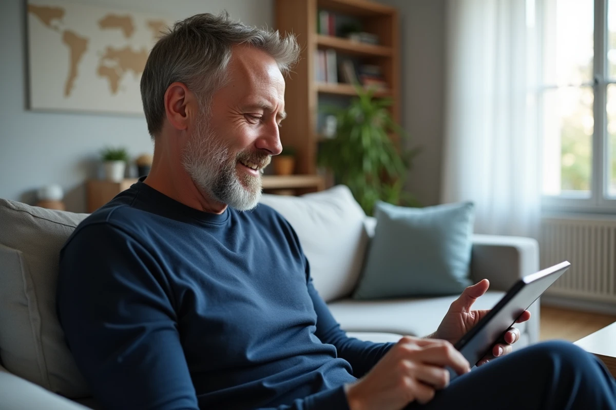Homme consultant le portail académique Arena sur une tablette dans son salon