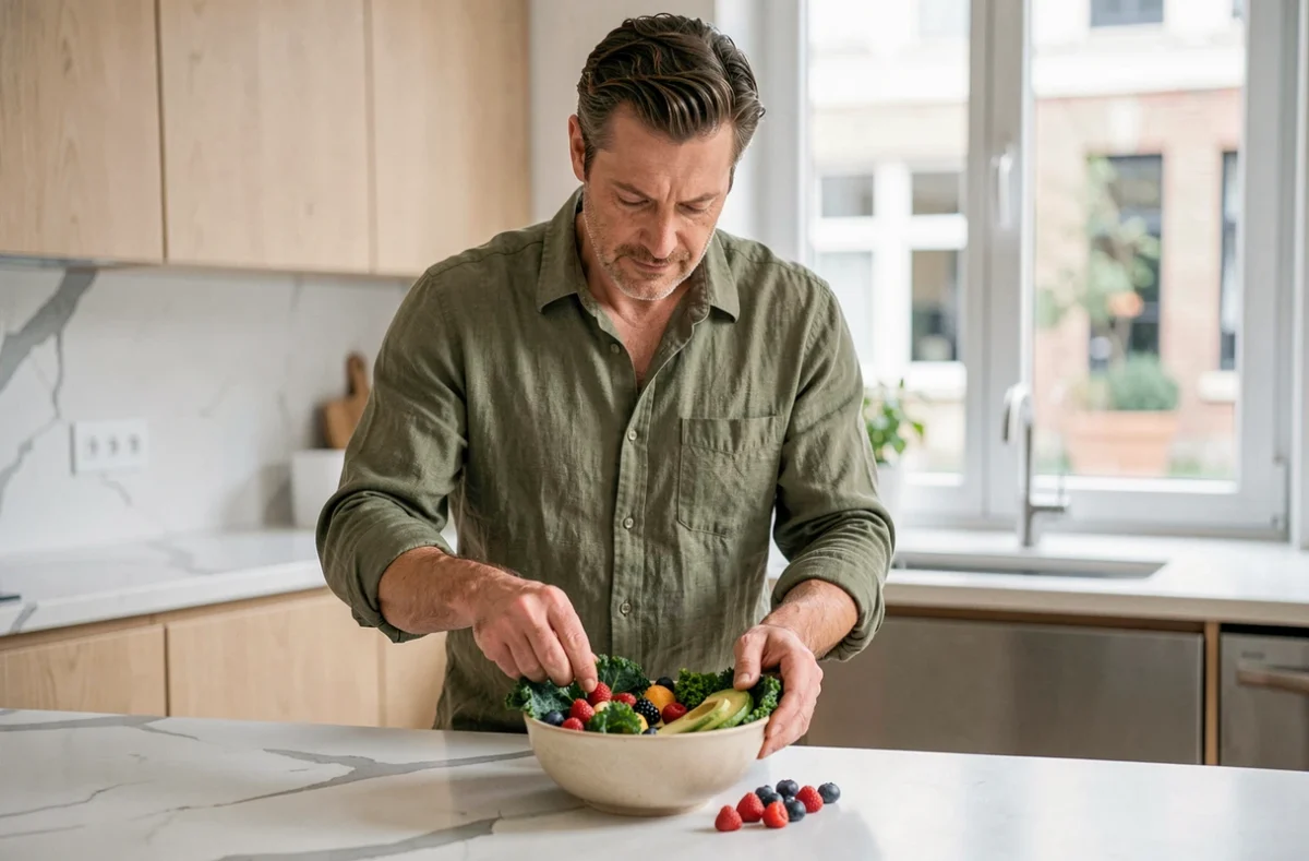 Homme préparant un bol de fruits et légumes frais dans une cuisine moderne pour un mode de vie sain et équilibré