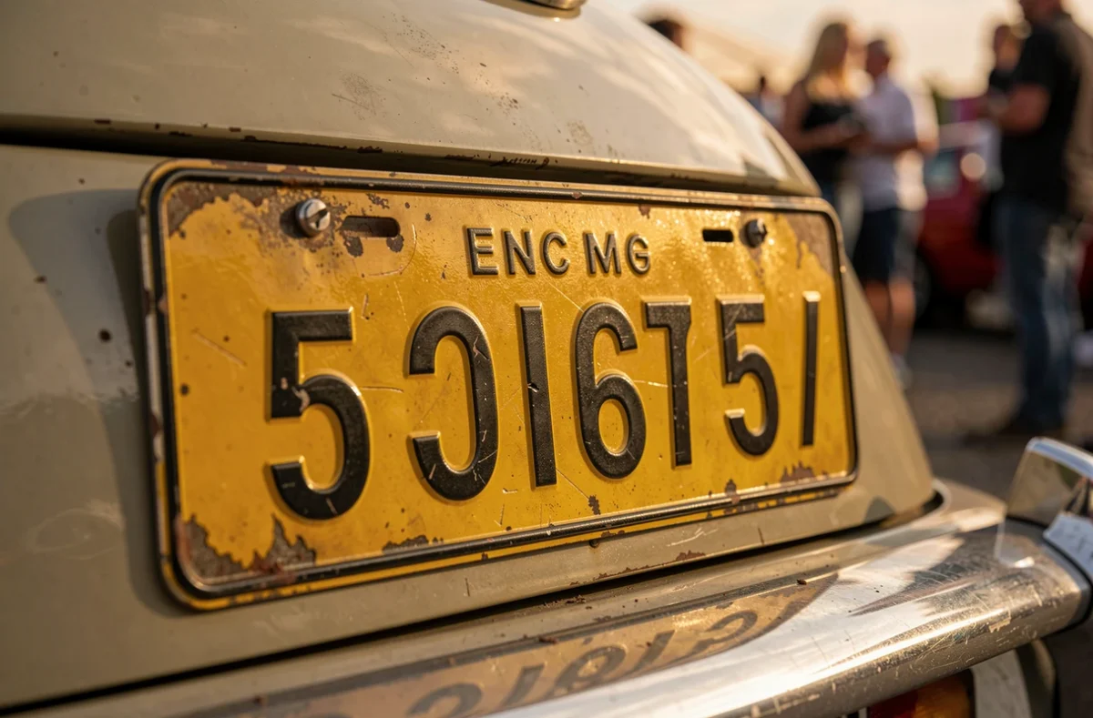 Gros plan sur une ancienne plaque d'immatriculation jaune française sur une voiture de collection lors d'un salon automobile