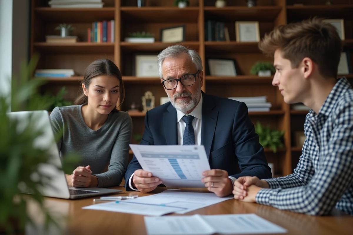 Représentant bancaire présentant un rapport immobilier à un couple