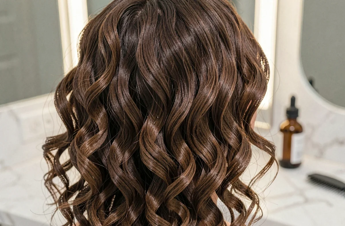 Gros plan sur des boucles définies et saines après une permanente sans ammoniaque sur cheveux bruns