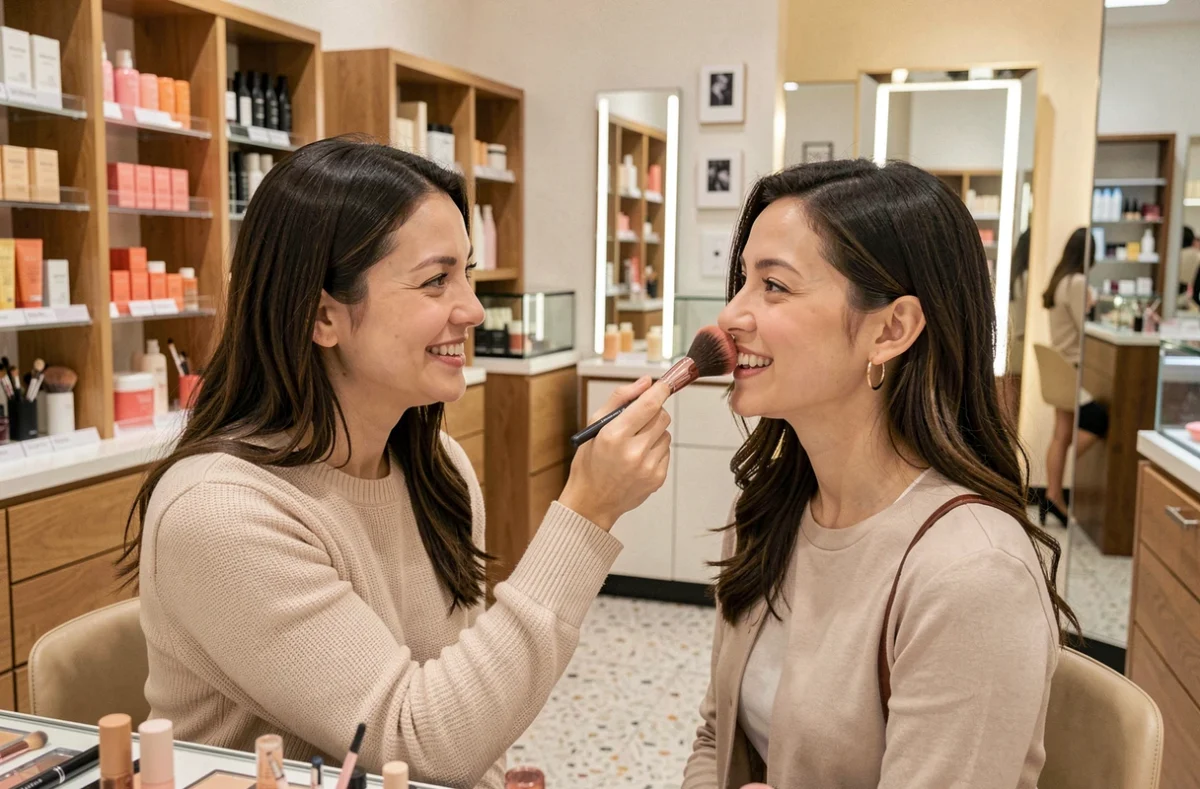Deux femmes dans une boutique de maquillage tendance, l'une appliquant du blush sur l'autre avec un pinceau professionnel