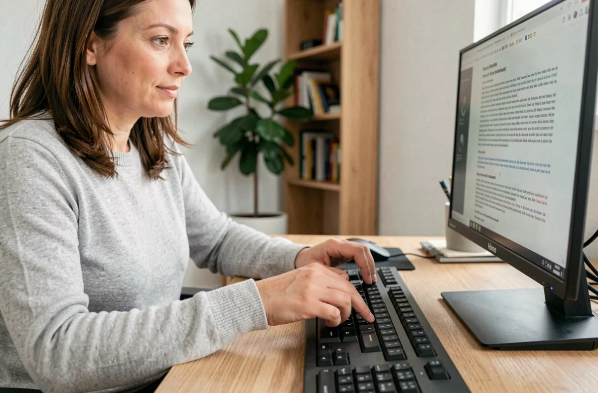 Femme appuyant sur le bouton Home d'un clavier AZERTY dans un bureau à domicile moderne