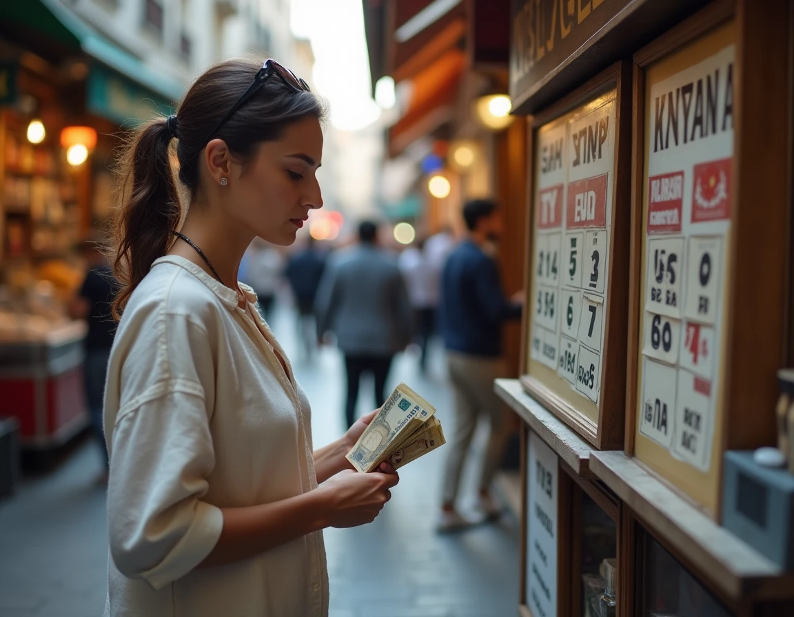 Touriste consultant les taux de change devant un bureau de change dans un bazar d'Istanbul