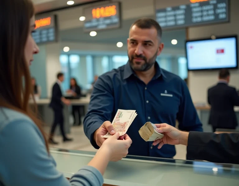 Échange d'euros contre des livres turques au guichet d'une banque en Turquie
