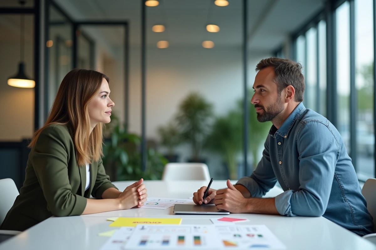 Séance de coaching carrière entre deux professionnels autour de ressources et d'une feuille de route pour booster leur emploi
