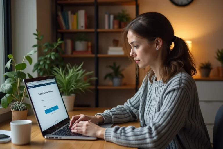 Femme connectée au portail Arena de l'académie d'Amiens depuis son bureau à domicile