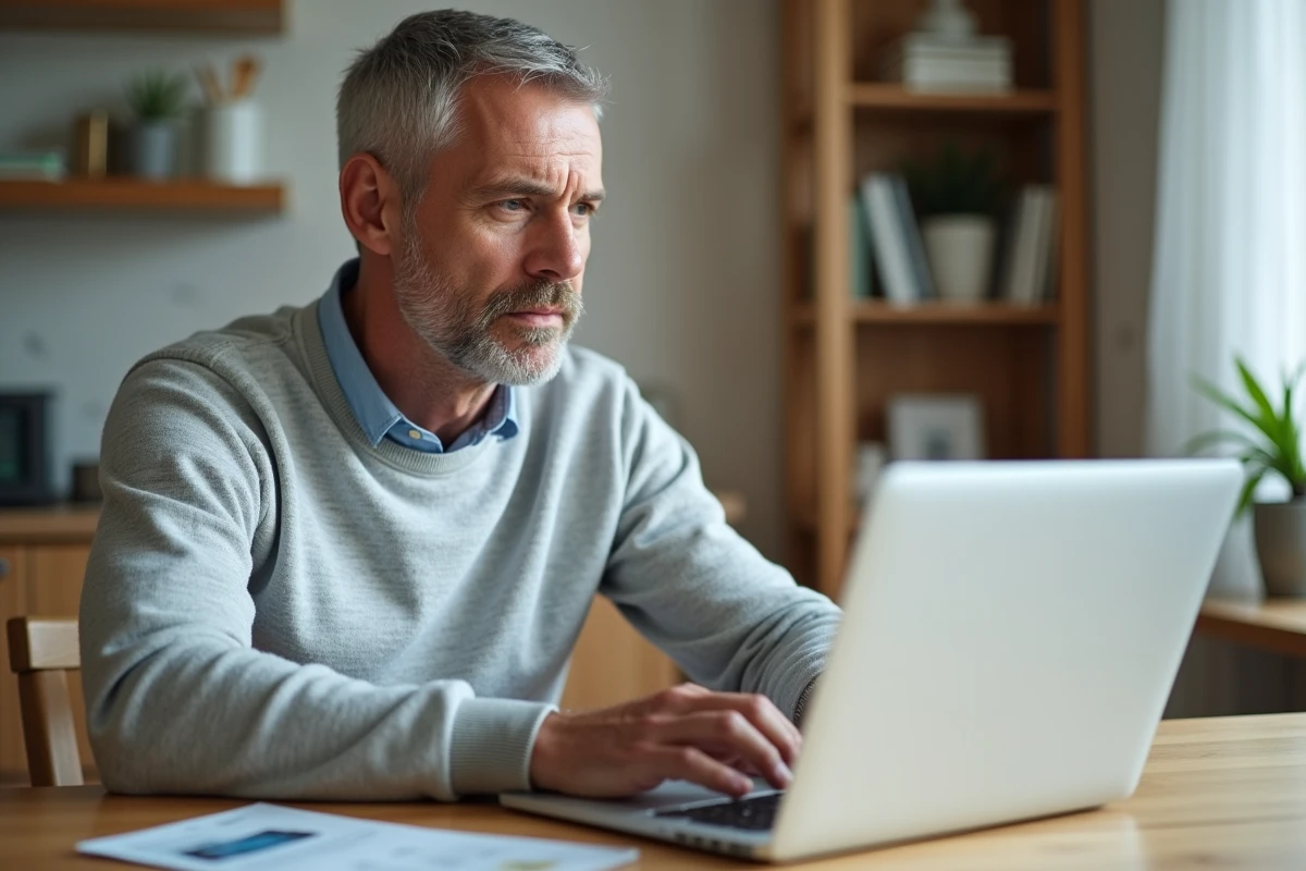Homme consultant les offres de crédit à la consommation CA Consumer Finance sur un ordinateur portable à domicile