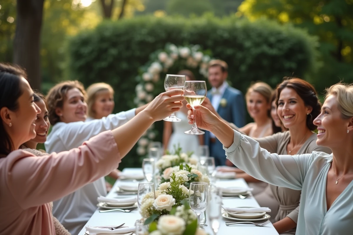 Groupe d invités souriants levant leurs verres lors d une cérémonie en plein air