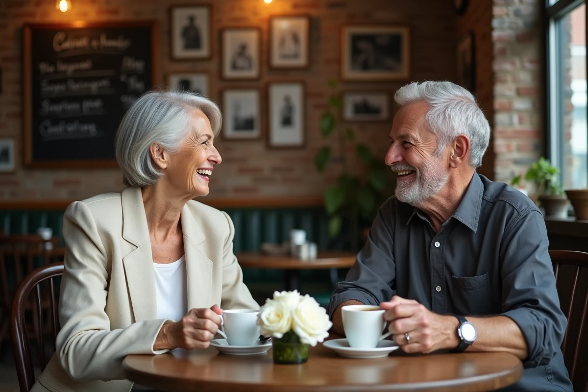 Couple de personnes âgées souriant autour d'un café dans une brasserie, célébrant leur amour tardif