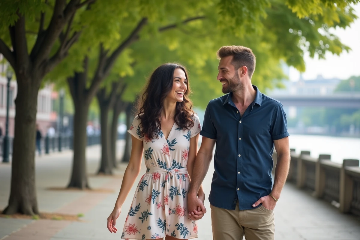 Couple amoureux se promenant main dans la main au bord d'une rivière en ville, symbolisant une relation romantique épanouie