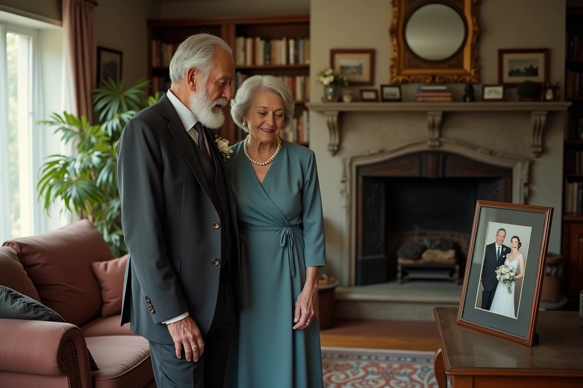 Couple de septuagénaires devant une cheminée contemplant une photo de mariage, symbole de l'amour à tout âge