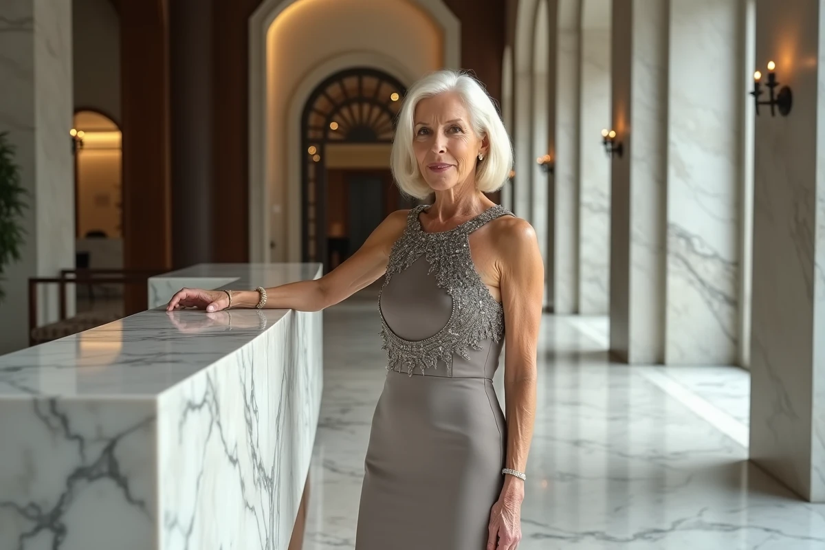 Femme mature aux cheveux platine dans le hall d'une maison de couture luxueuse, évoquant l'univers de la mode italienne haut de gamme