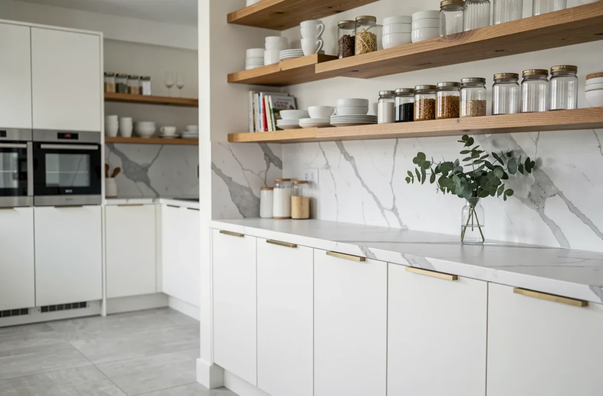 Cuisine moderne de style scandinave avec étagères en bois, plan de travail effet marbre et décoration épurée pour une mise en valeur immobilière efficace