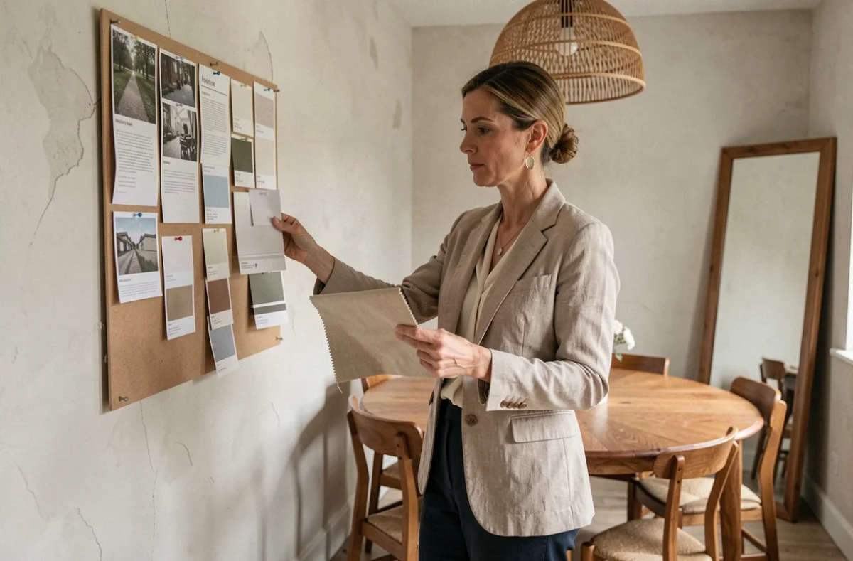 Décoratrice d'intérieur dans la quarantaine consultant des échantillons de peinture et tissus pour préparer la mise en valeur d'un bien immobilier avant sa vente