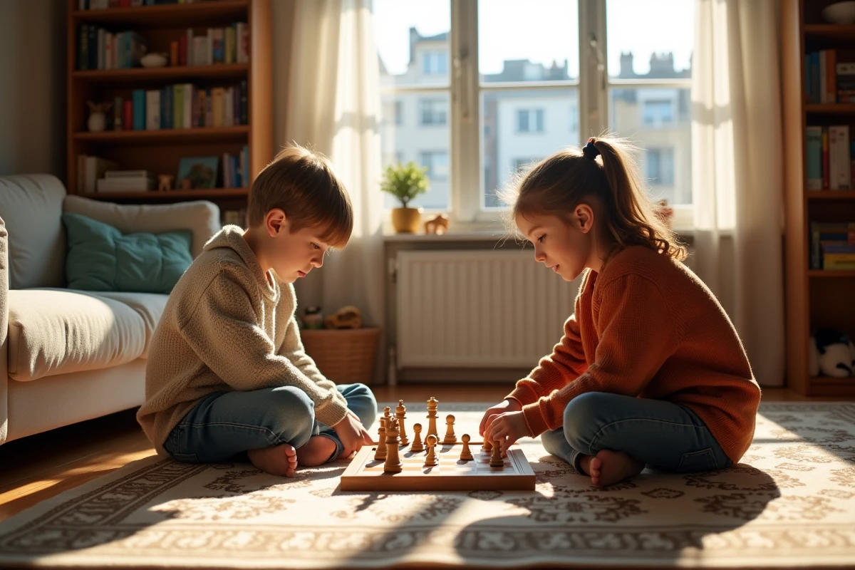 Deux enfants jouant aux echecs dans le salon familial