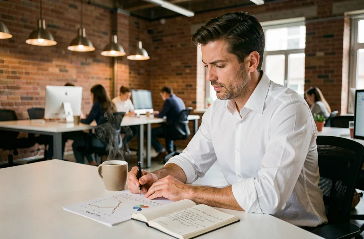 Entrepreneur concentré analysant des rapports de tendances commerciales à un bureau de coworking avec un carnet de notes et un café