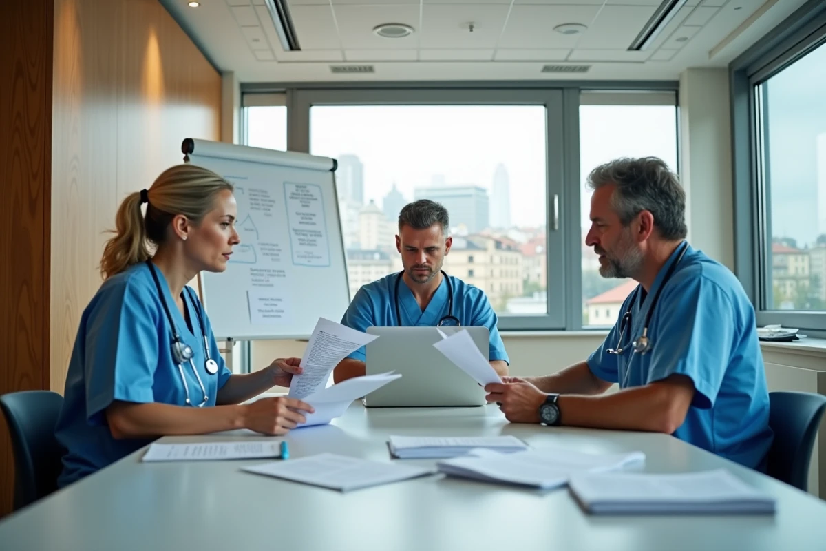 Équipe de professionnels de santé européens en réunion collaborative autour de données médicales partagées, symbolisant l'impact du réseau xpermd sur la coordination médicale