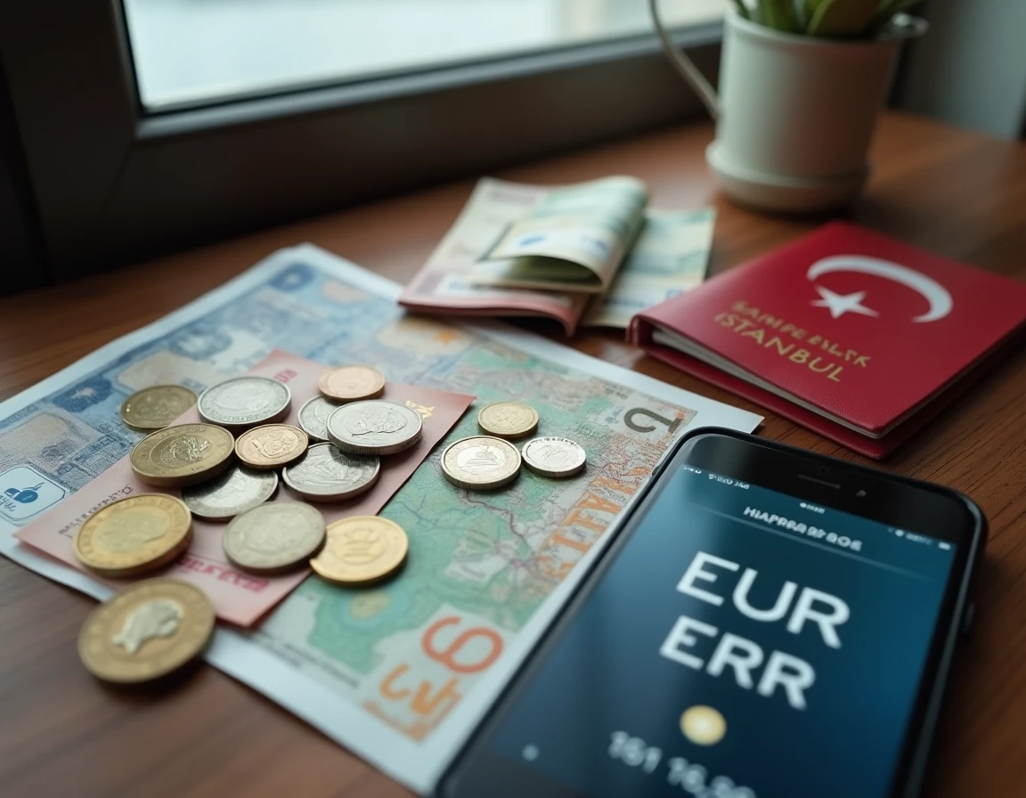 Euros et livres turques posés sur une table avec un smartphone affichant le taux de change EUR TRY