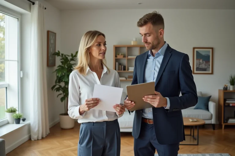 Femme et évaluateur immobilier dans un salon lumineux