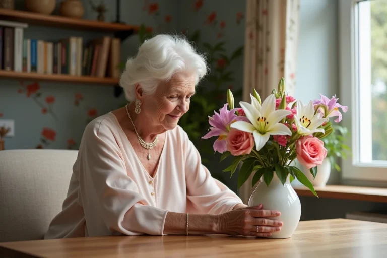 Femme âgée arrangeant des fleurs dans la cuisine lumineuse
