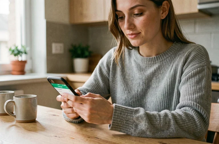 Femme utilisant une application de covoiturage sur smartphone dans une cuisine moderne