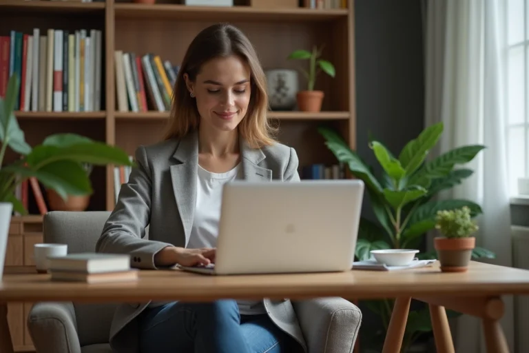 Femme en blazer dans un bureau cosy et moderne