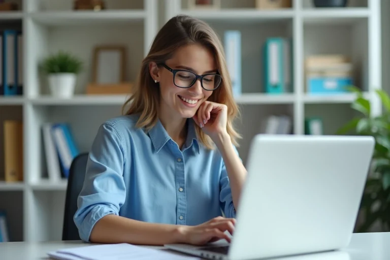 Jeune femme au bureau vérifiant son ordinateur portable