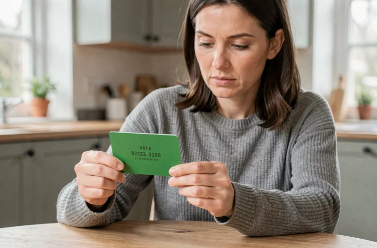 Femme examinant sa carte verte d'assurance automobile à la maison pour trouver son numéro