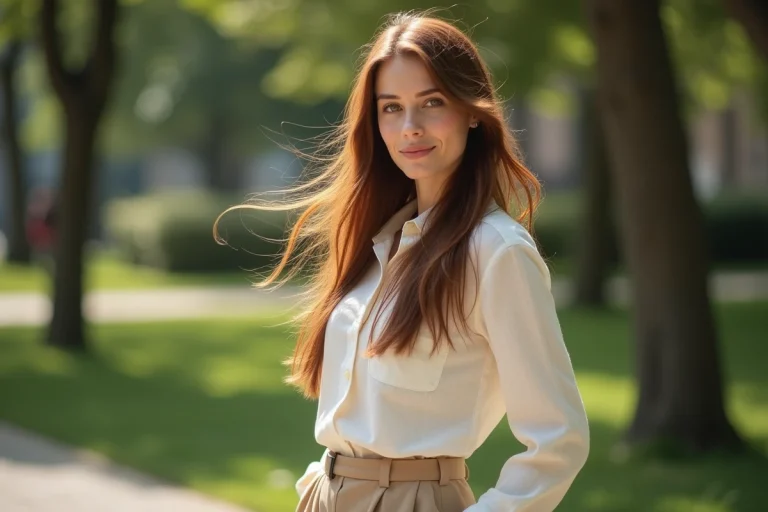 Femme aux longs cheveux châtains au vent dans un parc urbain, illustrant l'attrait des cheveux longs chez les femmes