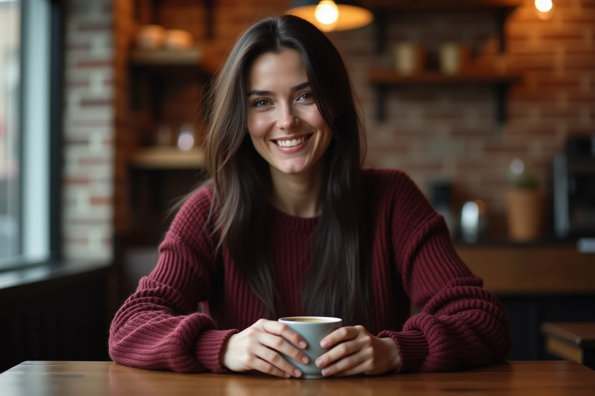 Jeune femme aux longs cheveux noirs dans un café chaleureux tenant une tasse, évoquant la séduction naturelle des cheveux longs