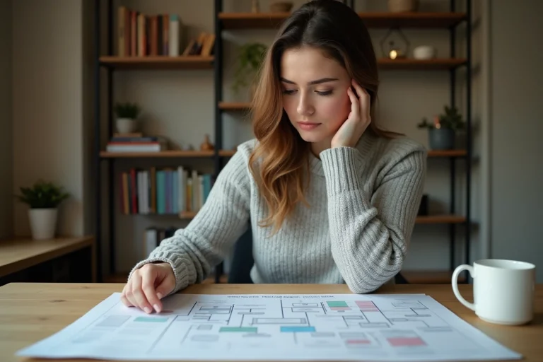 Femme consultant un diagramme de sitemap imprimé sur un bureau en bois dans un bureau à domicile