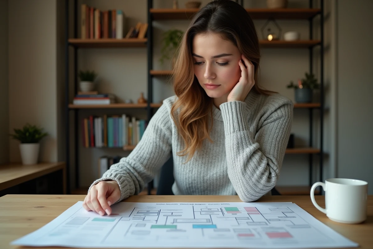Femme consultant un diagramme de sitemap imprimé sur un bureau en bois dans un bureau à domicile