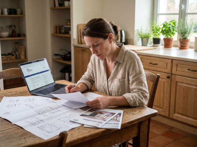 Femme consultant des documents de rénovation énergétique à la maison pour comprendre la prime renov