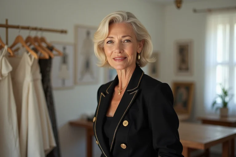 Femme élégante dans un atelier de haute couture, illustrant le style et la prestance d'une créatrice de mode emblématique