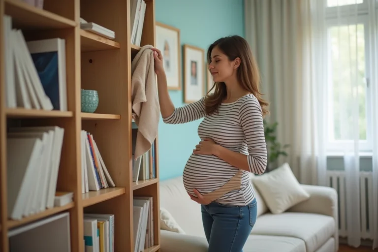 Femme enceinte dans un salon chaleureux et organisé