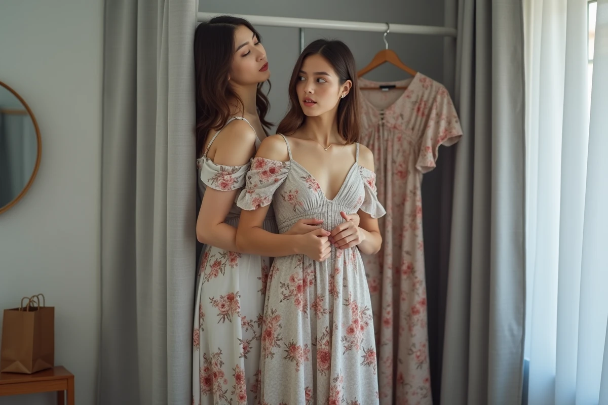 Femme vérifiant l'étiquette de taille d'une robe en cabine d'essayage pour faire le bon choix sur Zalando