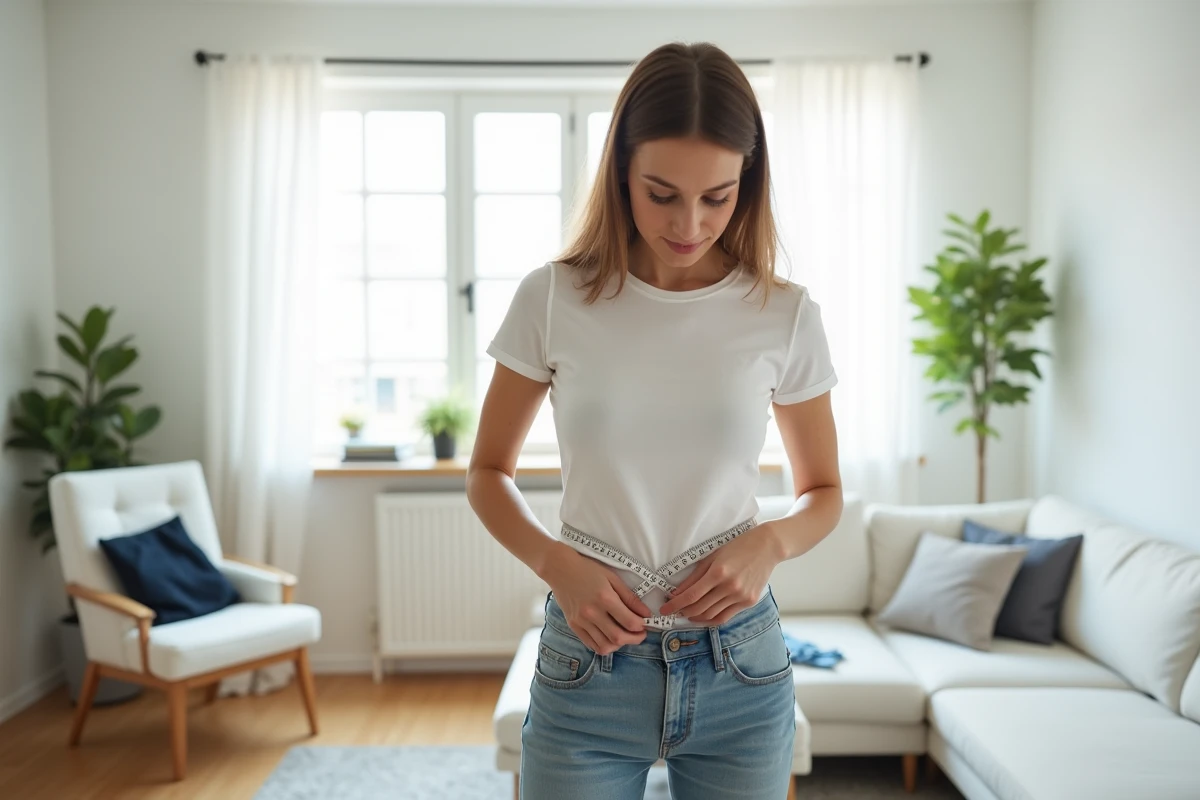 Femme mesurant son tour de taille avec un mètre ruban pour choisir la bonne taille sur Zalando