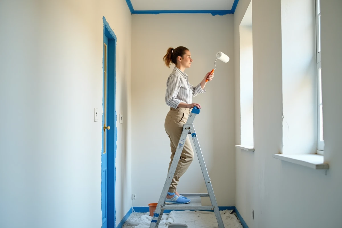 Femme en train de peindre un mur de couloir avec un rouleau lors de travaux de rénovation