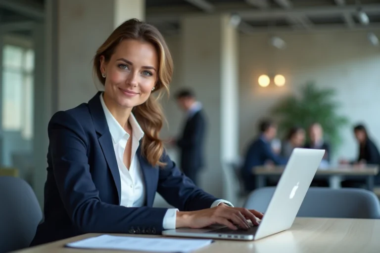 Femme professionnelle au bureau à Lille avec ordinateur portable