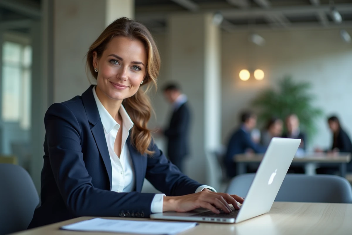 Femme professionnelle au bureau à Lille avec ordinateur portable