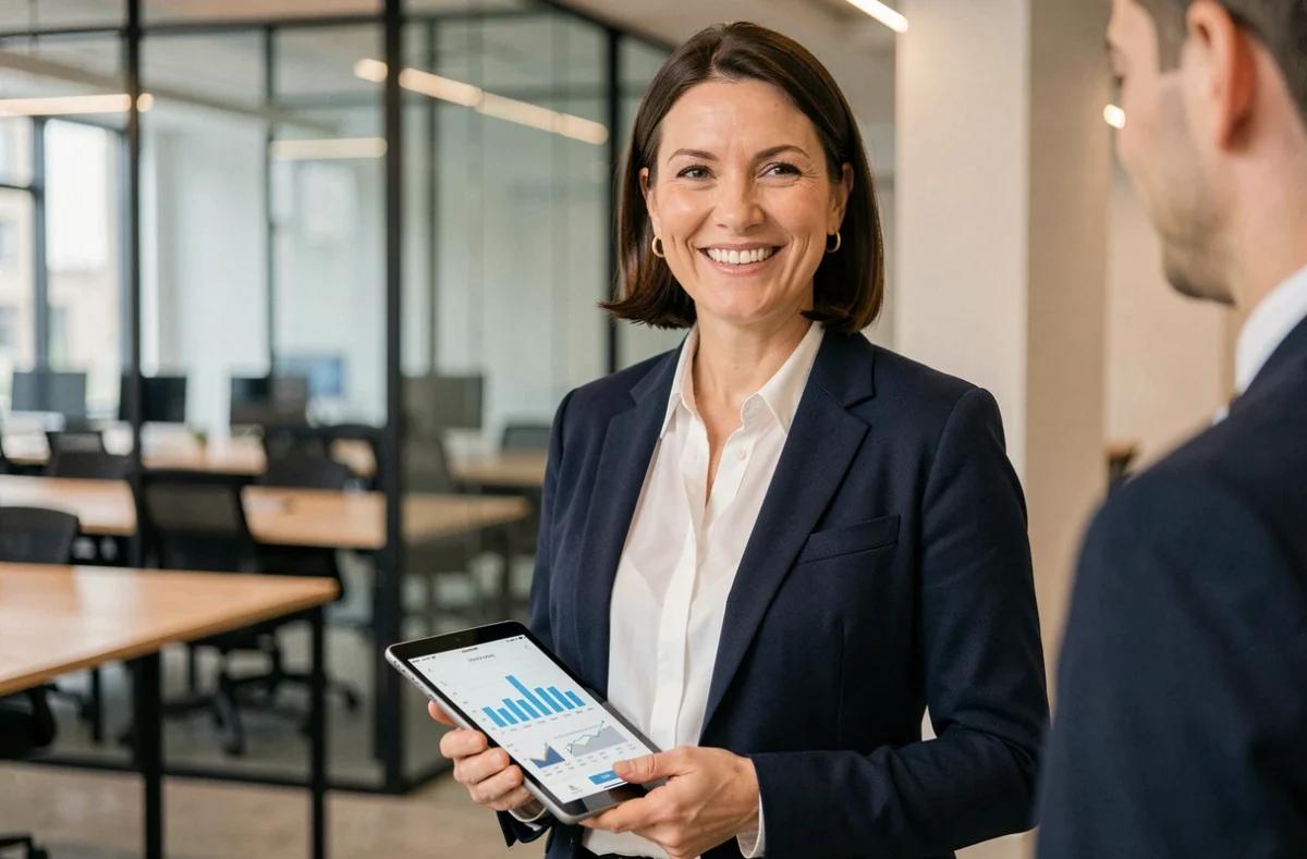 Femme professionnelle en blazer marine tenant une tablette avec des graphiques d'affaires dans un bureau moderne et lumineux