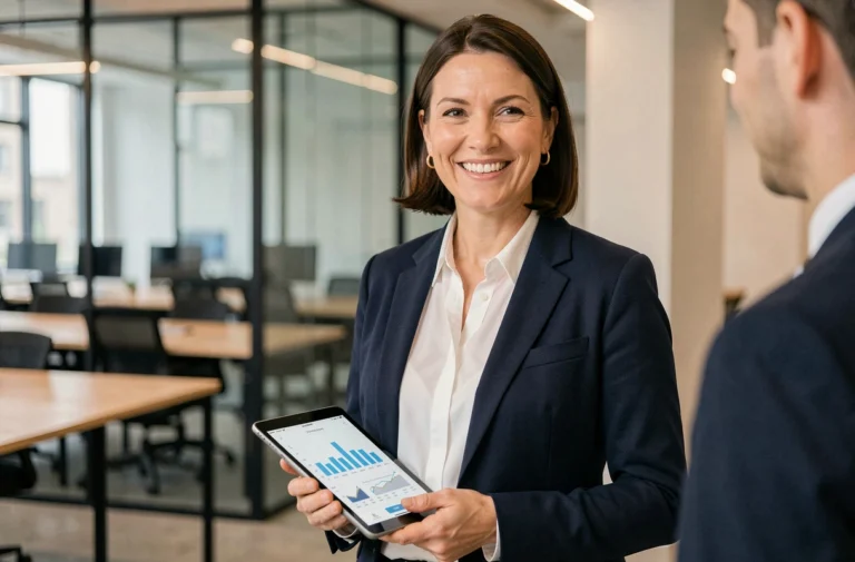 Femme professionnelle en blazer marine tenant une tablette avec des graphiques d'affaires dans un bureau moderne et lumineux