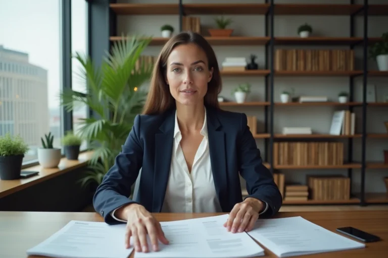 Femme professionnelle consultant des ressources pour sa recherche d'emploi dans un bureau moderne à domicile