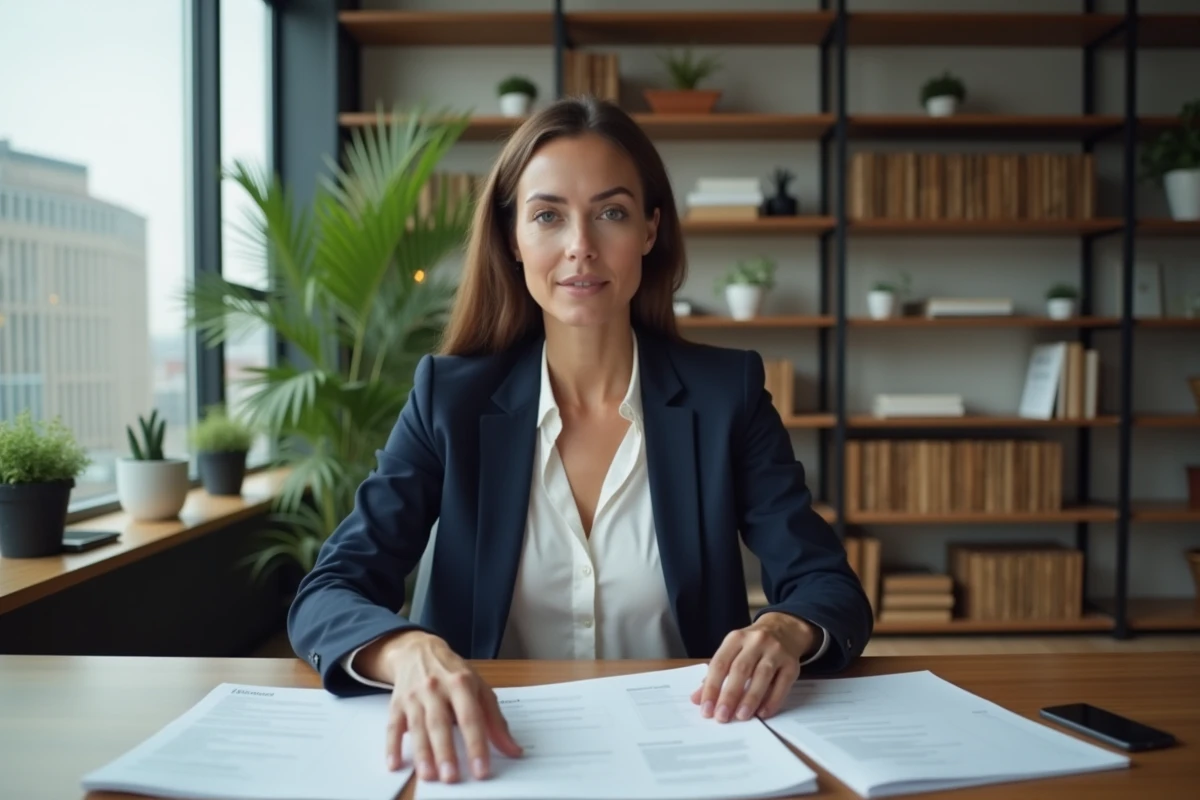 Femme professionnelle consultant des ressources pour sa recherche d'emploi dans un bureau moderne à domicile