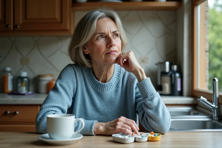 Femme méditative avec pilulier dans la cuisine chaleureuse