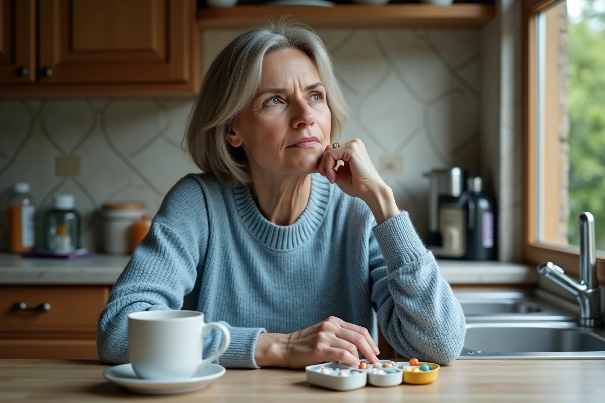 Femme méditative avec pilulier dans la cuisine chaleureuse