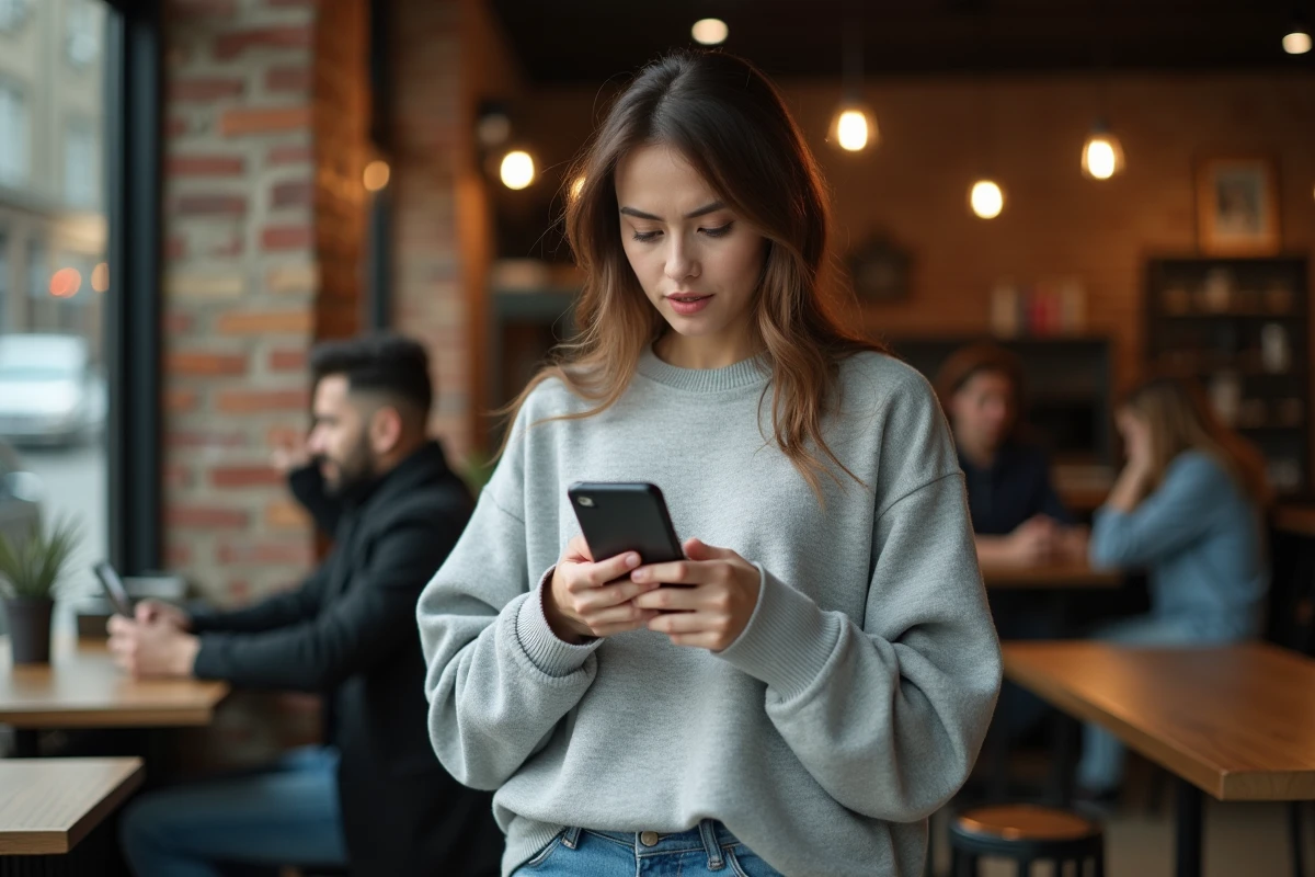 Femme consultant son smartphone dans un café pour trouver la nouvelle adresse d'un site web en 2026