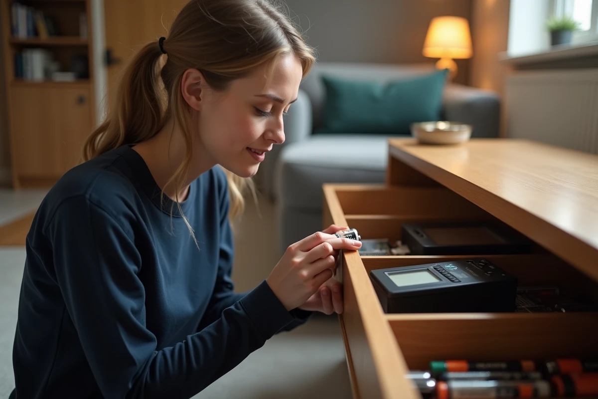 Femme testant une pile 9V avec un testeur de pile à côté d'un tiroir ouvert contenant des batteries triées dans un salon moderne